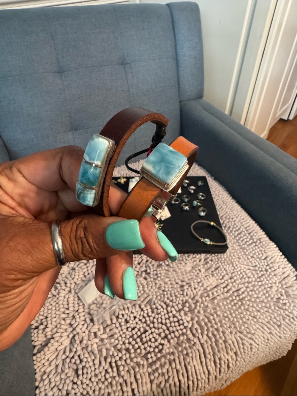 Leather Wrap Bracelet with Turquoise Stone Accent - Blue